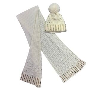 CCG New York Hat and Scarf Set Winter Knit Beanie Pom Pom‎ Rhinestone